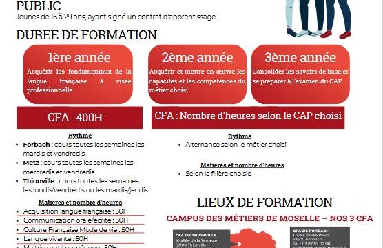 Contrat d’apprentissage pour public FLE en 3 ans, la 1ère année étant consacrée à l’apprentissage de la langue française