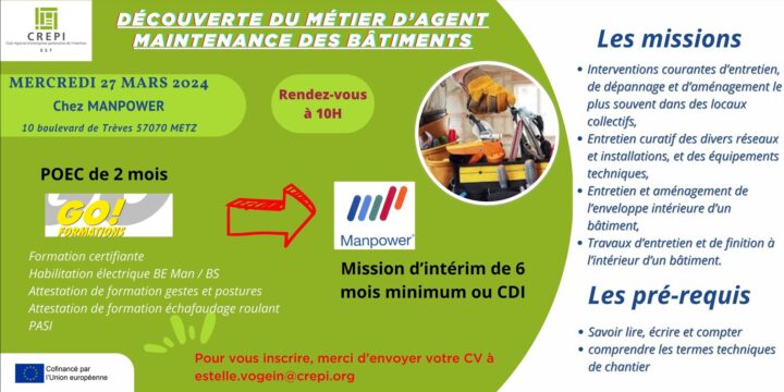 Découvrer le métier d’Agent de maintenance des bâtiments Mercredi 27 mars 2024 chez Manpower à Metz