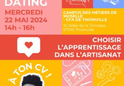 Job Dating Mercredi 22 Mai 2024 de 14h – 16h sur la thématique « choisir l’apprentissage dans l’artisanat ».