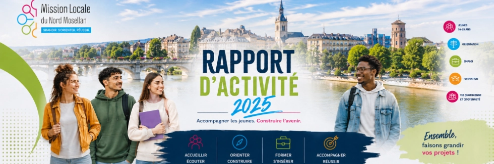 Couverture du rapport d’activité 2025 de la Mission Locale du Nord Mosellan. Quatre jeunes adultes se tiennent devant un paysage urbain. Le titre est centré, avec les mots « Accueillir, écouter », « Orienter, construire », « Former, s’insérer » et « Accompagner, réussir ».