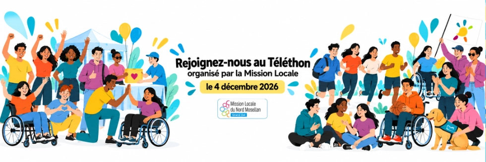 Édition 2026 : venez au Téléthon de la Mission Locale le 4 décembre. Bannière montrant des jeunes mobilisés autour d’actions solidaires et inclusives.